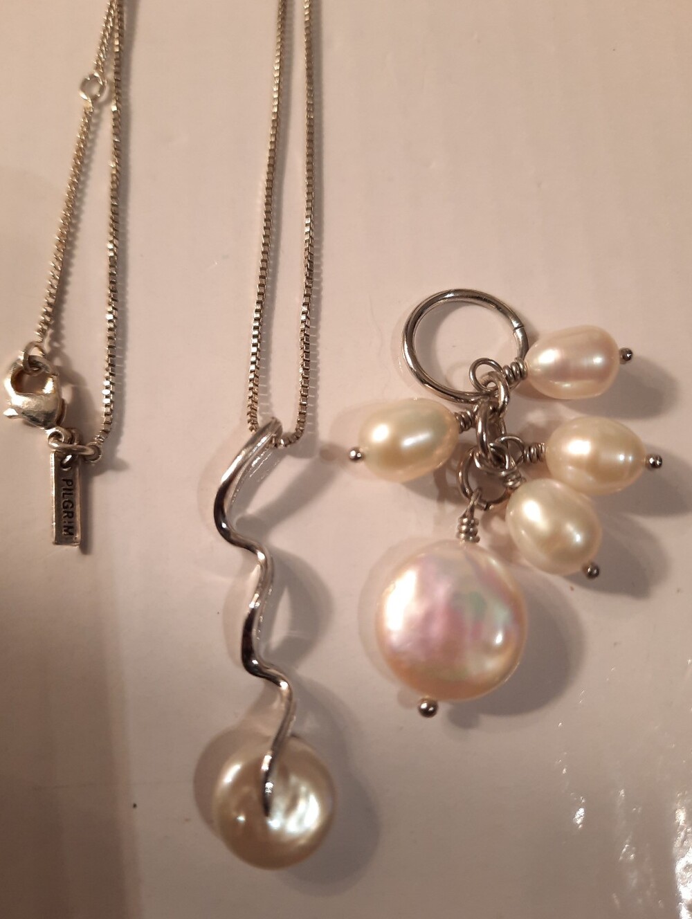 Pilgrim Silver-tone Wave Pendant Necklace with Cream Pearls,and Pearls Pendant